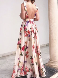 Robe longue dos nu en mousseline à imprimé floral pour femme - Robe bohème crème à épaules dénudées - Coupe trapèze - Idéale pour les invités aux mariages et fêtes d'été à la plage (2026)