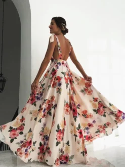 Robe longue dos nu en mousseline à imprimé floral pour femme - Robe bohème crème à épaules dénudées - Coupe trapèze - Idéale pour les invités aux mariages et fêtes d'été à la plage (2026)