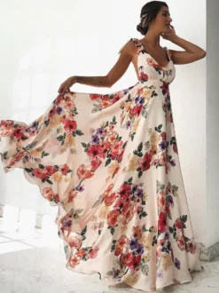 Robe longue dos nu en mousseline à imprimé floral pour femme - Robe bohème crème à épaules dénudées - Coupe trapèze - Idéale pour les invités aux mariages et fêtes d'été à la plage (2026)