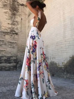 Robe longue dos nu en mousseline à imprimé floral pour femme - Robe bohème crème à épaules dénudées - Coupe trapèze - Idéale pour les invités aux mariages et fêtes d'été à la plage (2026)