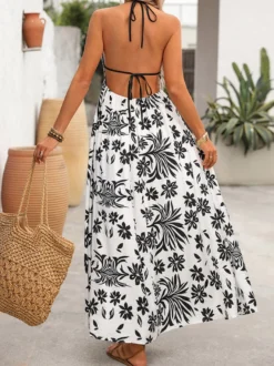 Robe longue dos nu à imprimé tropical noir et blanc pour femme col en V sans manches fluide idéale pour l'été et la plage