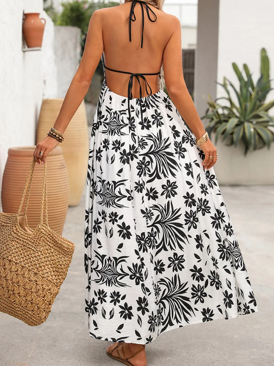 Robe longue dos nu à imprimé tropical noir et blanc pour femme col en V sans manches fluide idéale pour l'été et la plage