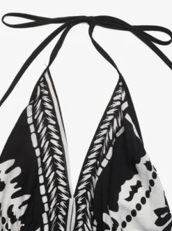 Robe longue dos nu à imprimé tropical noir et blanc pour femme col en V sans manches fluide idéale pour l'été et la plage
