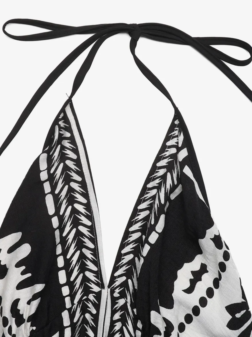 Robe longue dos nu à imprimé tropical noir et blanc pour femme col en V sans manches fluide idéale pour l'été et la plage