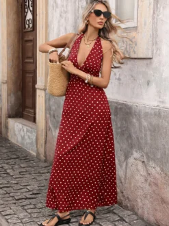 Robe longue dos nu à pois noirs et blancs pour femme décolleté plongeant en V sans manches fluide idéale pour l'été