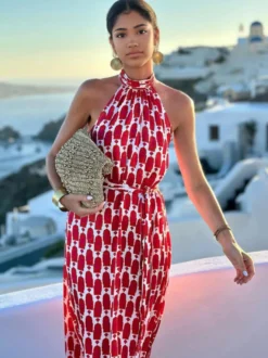 Robe longue dos nu pour femme - Imprimé géométrique bohème fente latérale fluide sans manches - Collection été 2026