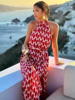 Robe longue dos nu pour femme - Imprimé géométrique bohème fente latérale fluide sans manches - Collection été 2026