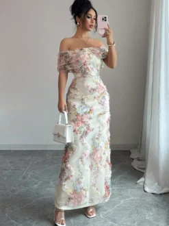 Robe longue dos nu à volants fermeture éclair imprimé floral épaules dénudées style romantique idéale pour un rendez-vous galant.