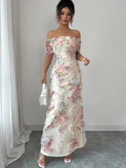 Robe longue dos nu à volants fermeture éclair imprimé floral épaules dénudées style romantique idéale pour un rendez-vous galant.