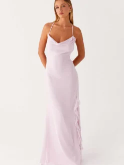 Robe longue dos nu à volants pour femme - Robe sans manches à bretelles et col bénitier ornée d'une fleur 3D - Soirée de gala d'été 2026