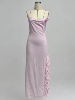 Robe longue dos nu à volants pour femme - Robe sans manches à bretelles et col bénitier ornée d'une fleur 3D - Soirée de gala d'été 2026