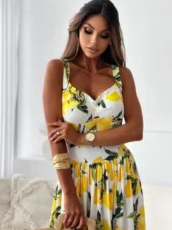 Robe longue d'été imprimée citron pour femme - Robe bouffante jaune style bohème sans manches col en V et volants - Collection été 2026