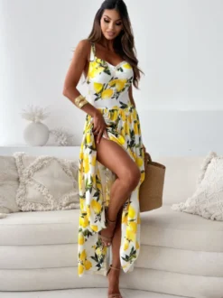 Robe longue d'été imprimée citron pour femme - Robe bouffante jaune style bohème sans manches col en V et volants - Collection été 2026