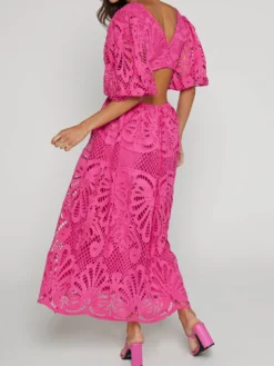 Robe longue en dentelle ajourée pour femme - Décolleté en V profond manches bouffantes coupe trapèze - Robe de bal - Invitée à un mariage d'été 2026