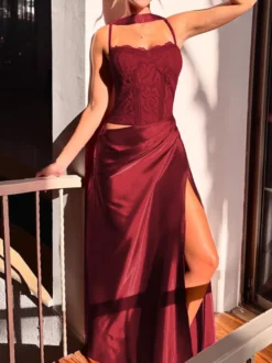 Robe longue en dentelle style corset pour femme - Robe moulante drapée et froncée - Tenues de soirée printanières 2026