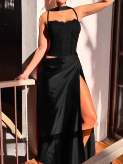 Robe longue en dentelle style corset pour femme - Robe moulante drapée et froncée - Tenues de soirée printanières 2026