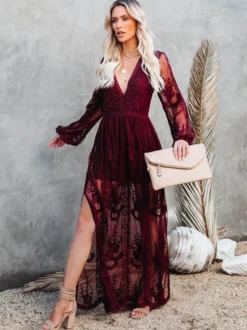 Robe longue en dentelle transparente pour femme - Robe bohème fendue col en V manches lanternes en résille - Mariage d'été à la plage 2026