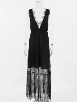 Robe longue en dentelle à volants et bordure cils pour femme - Robe d'été sexy à décolleté plongeant en V sans manches et à volants transparents - Idéale pour les fêtes d'été à la plage 2026