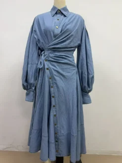 Robe longue en jean à manches lanternes pour femme - Délavage clair style western taille croisée - Collection printemps 2026