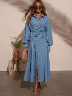 Robe longue en jean à manches lanternes pour femme - Délavage clair style western taille croisée - Collection printemps 2026