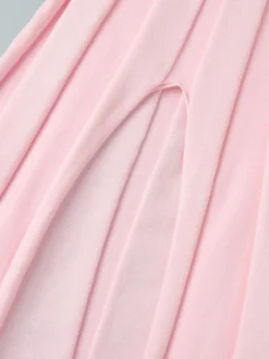 Robe longue en maille rose pâle à col V pour femme style élégant au quotidien
