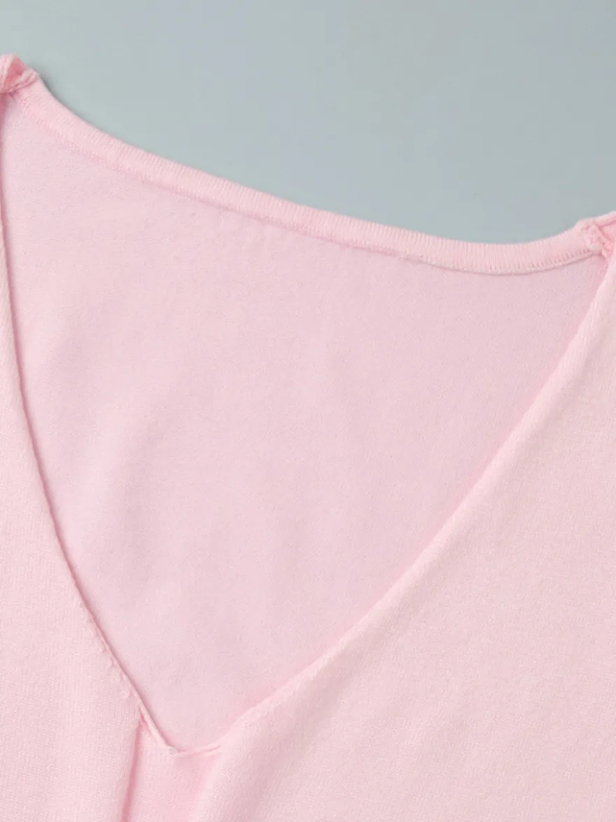 Robe longue en maille rose pâle à col V pour femme style élégant au quotidien
