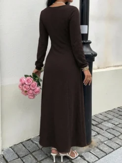Robe longue en maille texturée à encolure carrée nœud sur le devant et taille froncée Daily Dresses