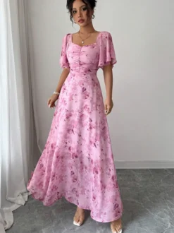Robe longue en mousseline imprimée papillons pour femme - Buste froncé manches papillon - Idéale pour une soirée romantique ou un mariage d'été au jardin (collection 2026)