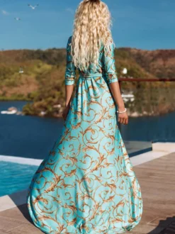 Robe Longue en Mousseline Imprimés Femme à Col Revers avec Manches Mi-longues Coupe Cintrée à Lacets Fente Latérale Bicolores