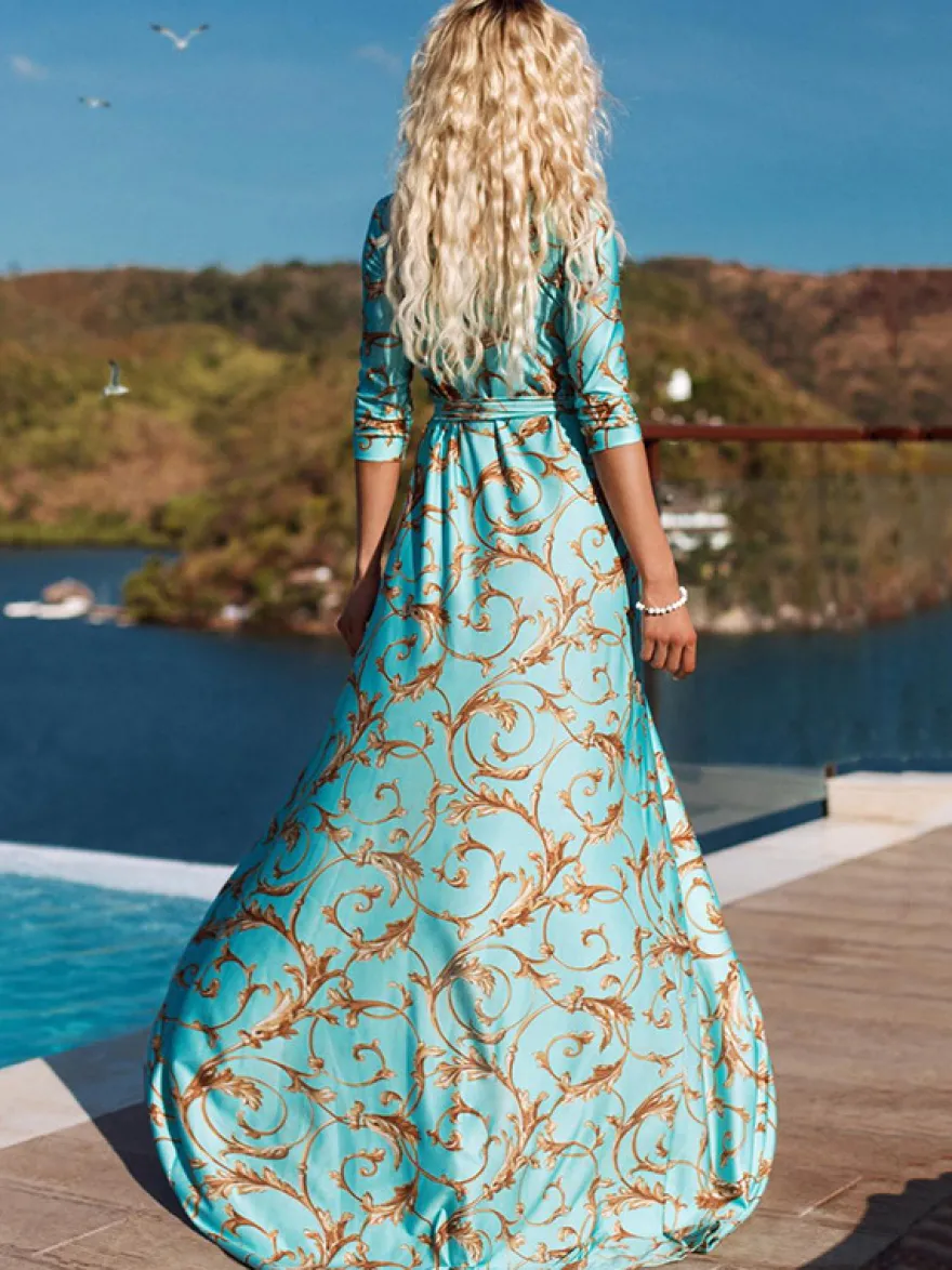 Robe Longue en Mousseline Imprimés Femme à Col Revers avec Manches Mi-longues Coupe Cintrée à Lacets Fente Latérale Bicolores