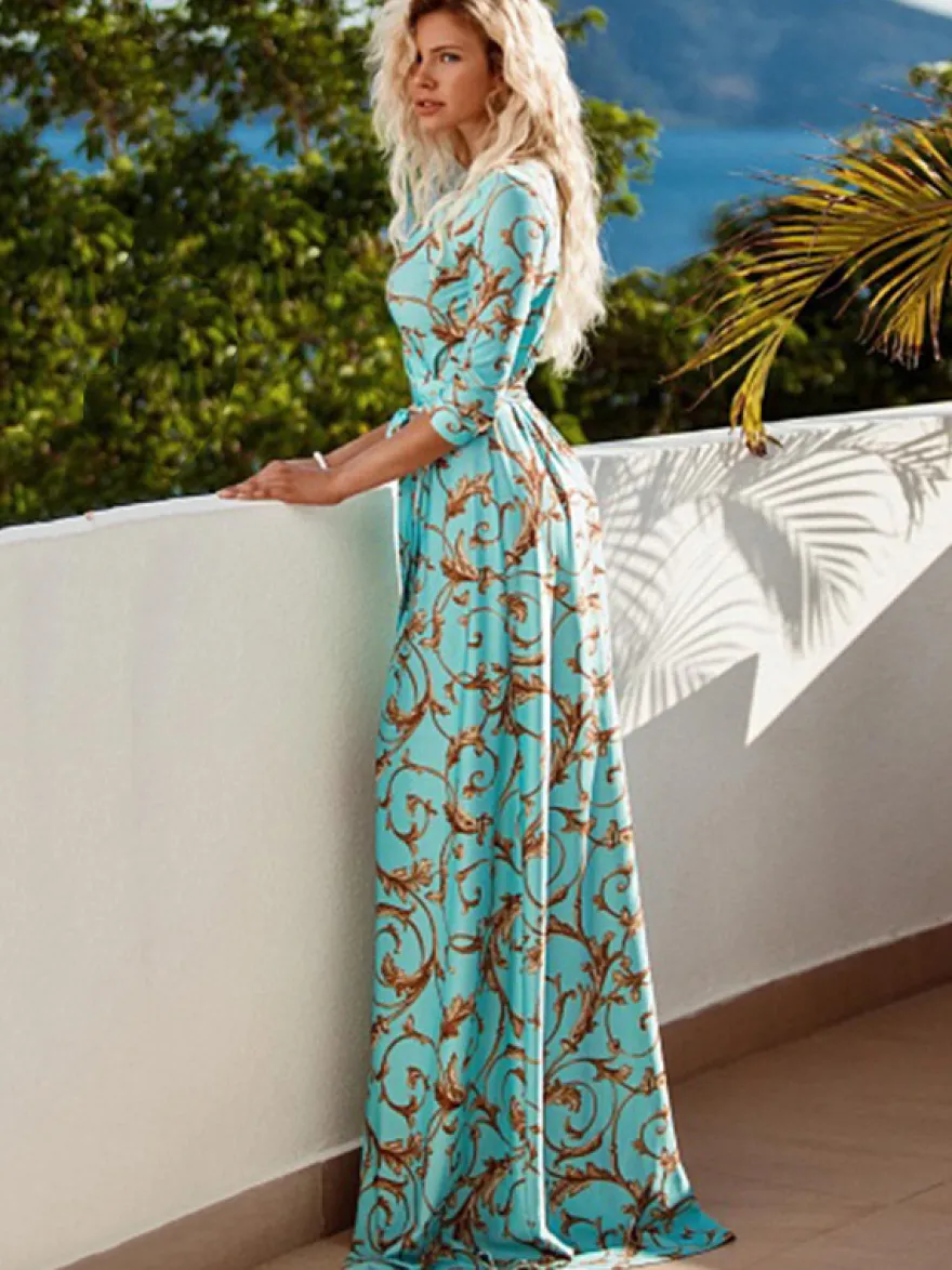 Robe Longue en Mousseline Imprimés Femme à Col Revers avec Manches Mi-longues Coupe Cintrée à Lacets Fente Latérale Bicolores