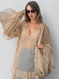 Robe longue en mousseline transparente pour femme - Style bohème kaki manches évasées à volants col en V coupe fluide - Collection printemps-été décontractée 2026