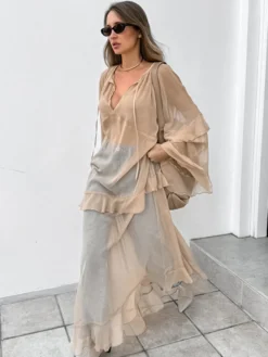 Robe longue en mousseline transparente pour femme - Style bohème kaki manches évasées à volants col en V coupe fluide - Collection printemps-été décontractée 2026