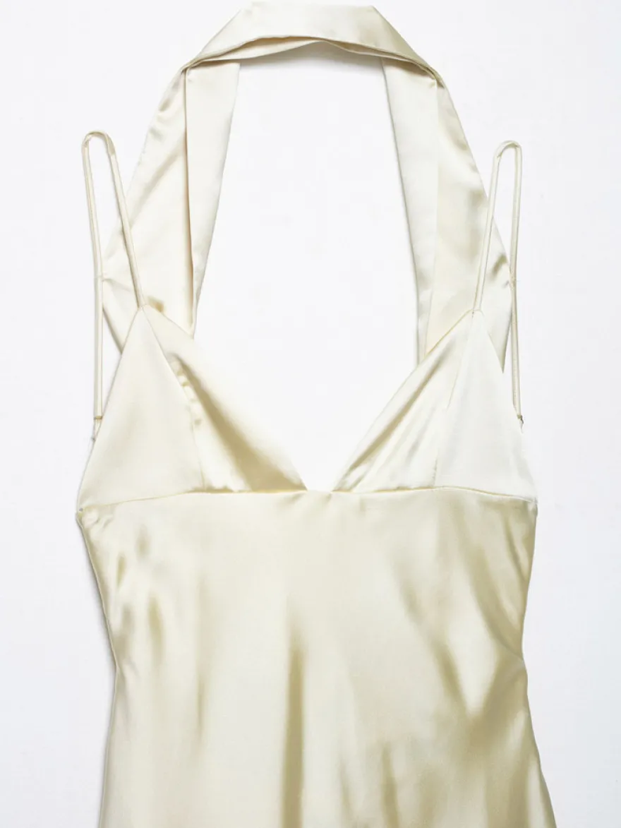 Robe longue en satin blanc crème à col halter pour femme style élégant et formel