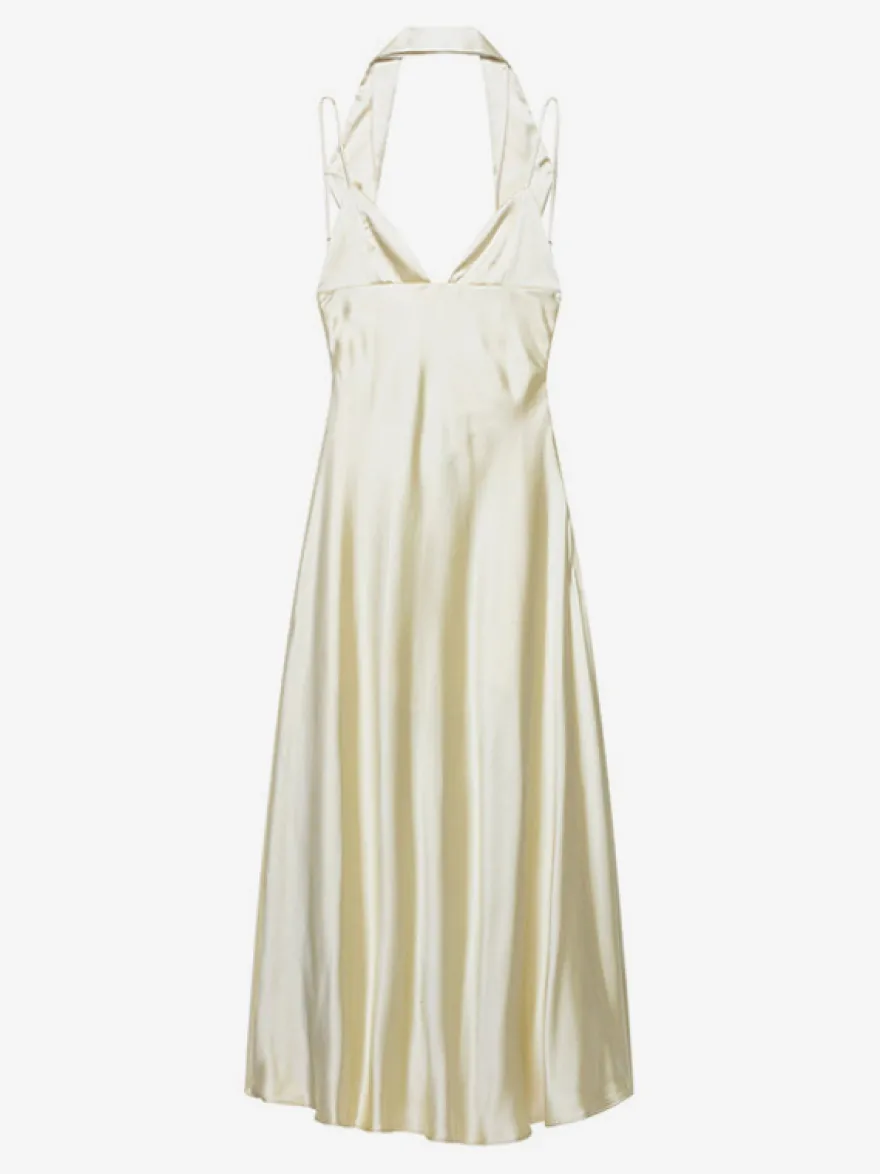 Robe longue en satin blanc crème à col halter pour femme style élégant et formel