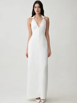 Robe longue en satin dos nu à col halter et fente sirène