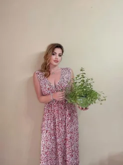 Robe longue fleurie à petits motifs pour femme - Robe d'été rouge brique sans manches fente latérale et col en V - Tenue de plage été 2026