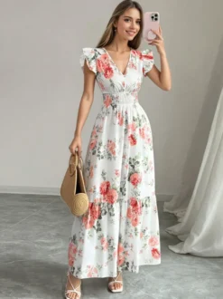 Robe longue fleurie pour femme - Robe d'été à volants taille smockée et col en V - Idéale pour les invitées aux mariages d'été 2026