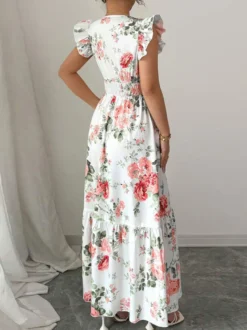Robe longue fleurie pour femme - Robe d'été à volants taille smockée et col en V - Idéale pour les invitées aux mariages d'été 2026