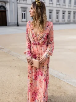Robe longue fleurie pour femme - Robe longue rose portefeuille à col V et manches lanternes - Idéale pour un mariage printanier au jardin (2026)