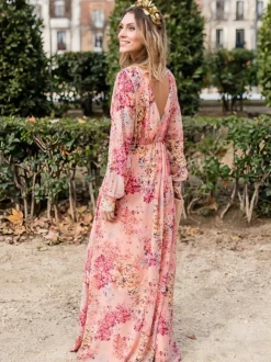 Robe longue fleurie pour femme - Robe longue rose portefeuille à col V et manches lanternes - Idéale pour un mariage printanier au jardin (2026)