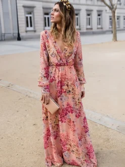 Robe longue fleurie pour femme - Robe longue rose portefeuille à col V et manches lanternes - Idéale pour un mariage printanier au jardin (2026)
