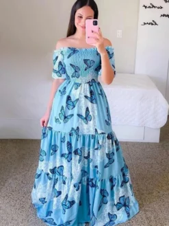 Robe longue imprimée à épaules dénudées et smocks pour femme - Robe d'été trapèze à manches courtes et volants - Idéale pour les vacances d'été à la plage 2026