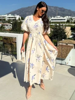 Robe longue à imprimé floral et manches bouffantes pour femme 2026