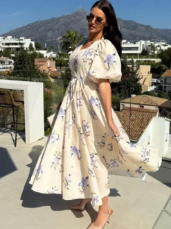 Robe longue à imprimé floral et manches bouffantes pour femme 2026