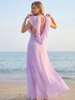 Robe longue élégante en mousseline à volants et col en V pour femme - Robe d'été bohème lavande dos nu fluide coupe trapèze - Invitée à un mariage d'été à la plage 2026
