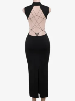 Robe longue maxi dos nu pour femme - Robe moulante noire à col montant et détail papillon - Tenue de soirée estivale 2026