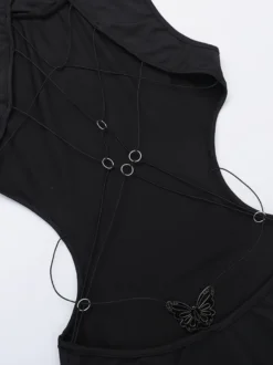 Robe longue maxi dos nu pour femme - Robe moulante noire à col montant et détail papillon - Tenue de soirée estivale 2026