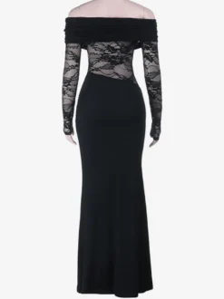 Robe longue maxi en dentelle à épaules dénudées pour femme - Robe moulante noire gothique à manches transparentes - Tenues de gala printanières 2026