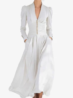 Robe longue maxi femme décolletée en V et taille froncée boutons dorés manches bouffantes coupe fluide trapèze